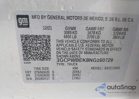 2022 Chevrolet Silverado 1500 Ltd 2Wd Short Bed Custom z USA, uszkodzony, nr VIN 3GCPWBEK8NG160729